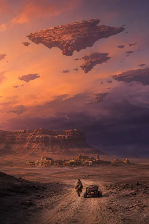A traveler approaches a settlement beneath floating rock islands and violet weather.