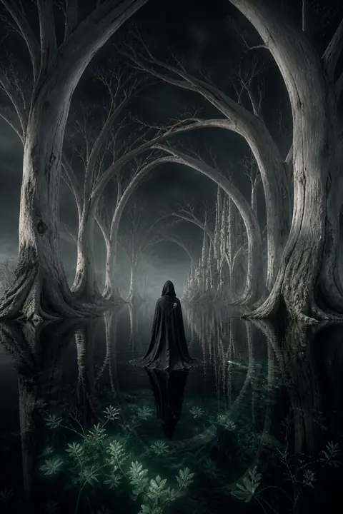 A cloaked figure stands on black water beneath pale cathedral-like trees.