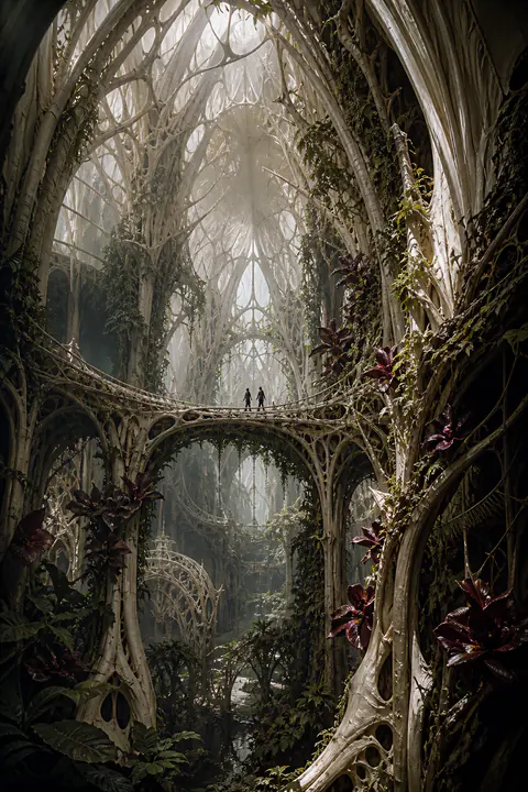 Two figures cross a bridge in an ivory cathedral tangled with vines and dark flowers.