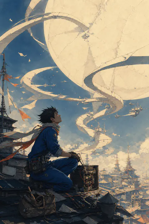 A rooftop mechanic watches a vast paper moon folded into looping pathways.