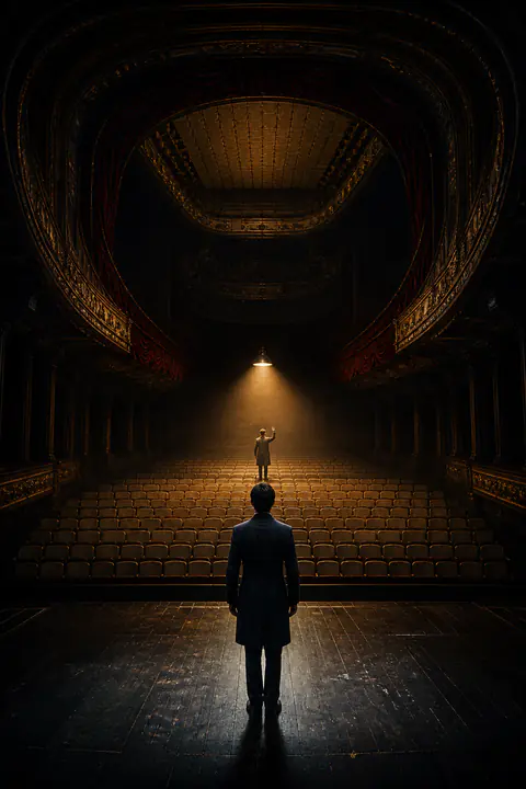 A performer faces an identical distant figure on an empty stage beneath a work light.